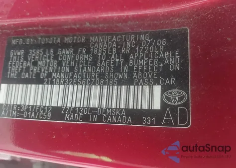 2006 Toyota Corolla S из США, поврежденный, VIN 2T1BR32E56C708185